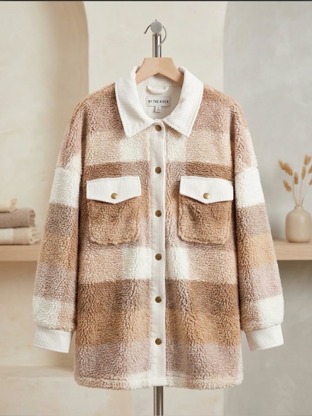 Olive & Oak Cream and Tan Striped Teddy Shacket